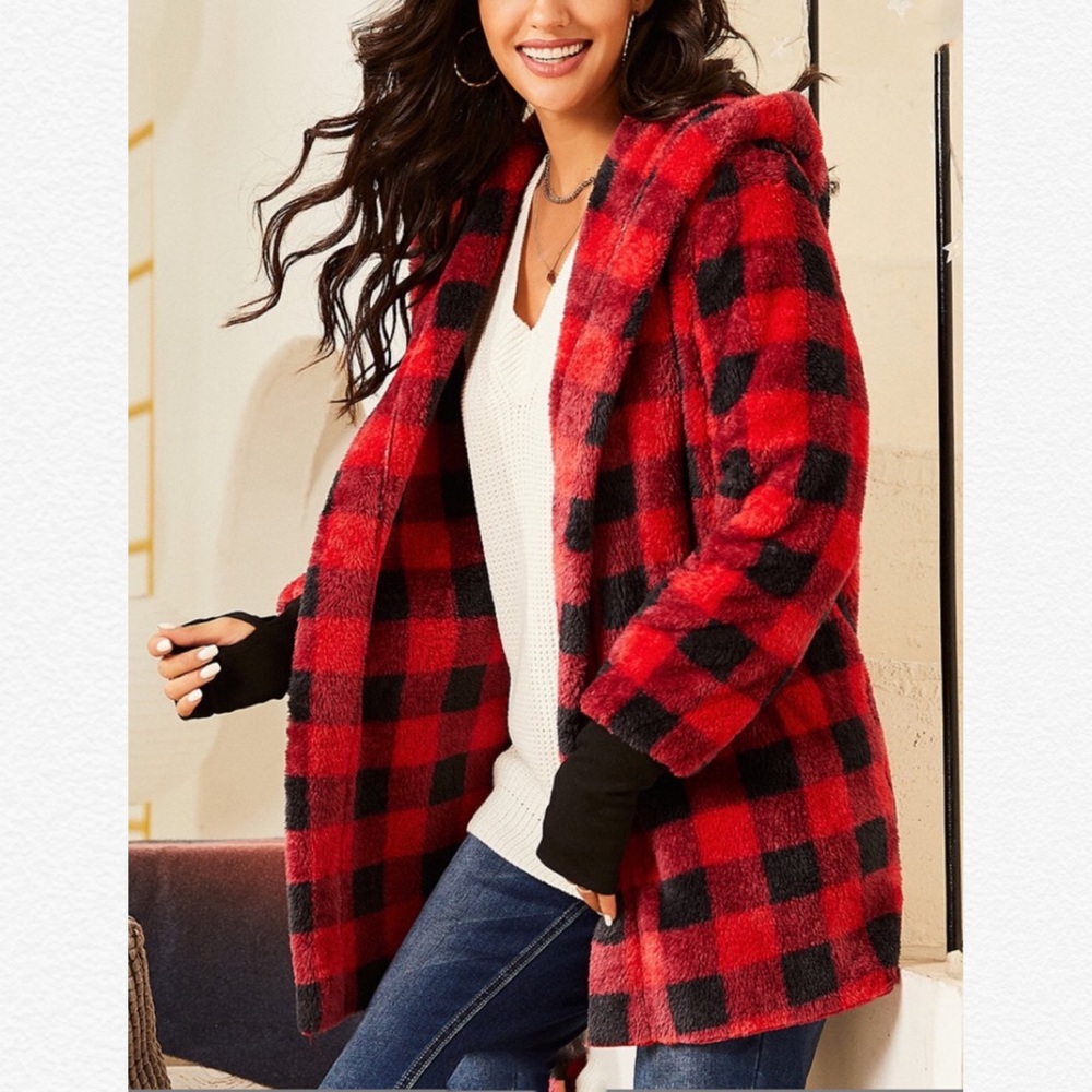 Red & Black Buffalo Check Fleece Hooded Jacket - Picture 4 of 7